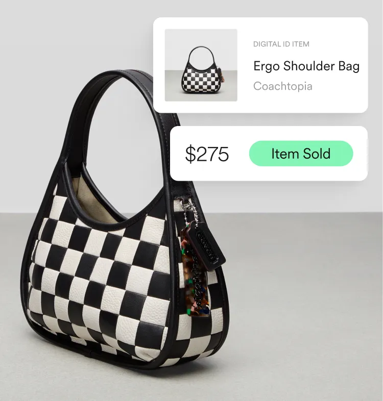 A Digital Product Passport graphic for a Coachtopia handbag